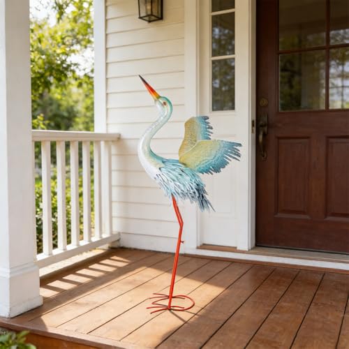 40" Metal Crane Garden Statue, Large Outdoor Heron Sculpture - color: 40 Inch Blue