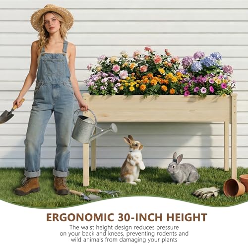 Raised Garden Bed with Legs, 48x24x30in Tall Wooden Elevated Planter Box with Liner for Flowers Vegetables Herbs, Outdoor Reinforced Large Raised Bed for Balcony/Patio/Backyard - size: 48x24x30in
