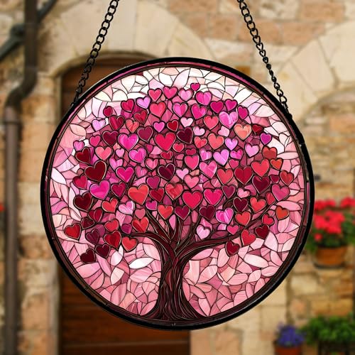 Pink Love Tree Stained Glass Window Hanging Suncatcher Gift for Women 6.3" - color: Green, size: 6.3x6.3 IN