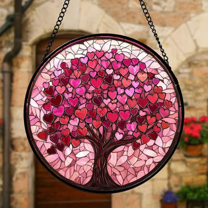Pink Love Tree Stained Glass Window Hanging Suncatcher Gift for Women 6.3" - color: Green, size: 6.3x6.3 IN