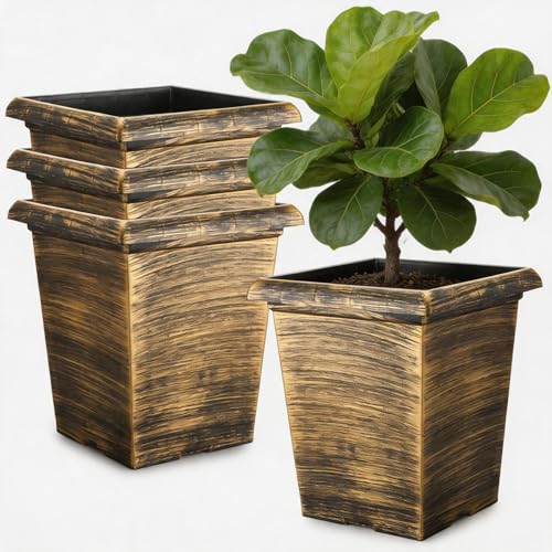 10 Inch Tall Outdoor Square Planter - 4 Pack Vintage Gold Faux Metal - color: Retro Golden