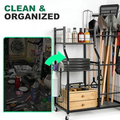 Garden Tool Organizer with Wheels for Garage Shed Yard Outdoor Storage Rack