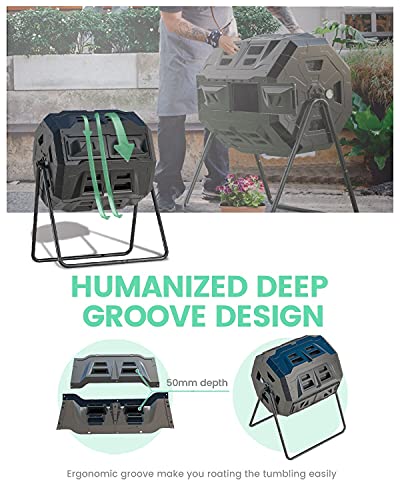 43 Gallon Dual Chamber Tumbling Composter with Integrated Thermometer - Rotatable Outdoor Compost Bin, Dual Batch Design for Garden Waste, Black - color: Black
