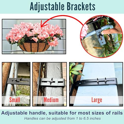 LaLaGreen Deck Railing Planter Boxes (16 Inch, 4 Pack) Black Metal Rectangular Hanging Planters with Coco Liner, Adjustable Flower Planter Box Brackets for Plants Fence Balcony Patio Porch Over Rail - size: 16" (41cm) x 4 pack