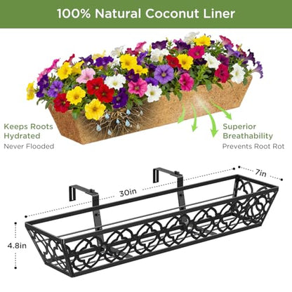 Y&M 30'' Large Window Box Railing Planter with Coco Liner, Outdoor Window Flower Boxes Over The Railing Planter Boxes Deck Fence Porch Patio Planter-2 Pack - size: Flower 30in 2p