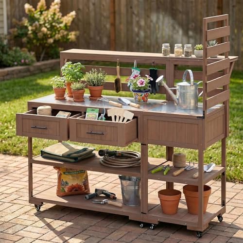 GDFStudio Elshire Patio Kitchen Island Cart with Storage, Wooden Outdoor Storage Cabinet with Stainless Steel BBQ Prep Table Top, Drawers, Raised Shelf and Lockable Wheels, Garden Potting Bench, Brown - color: Brown