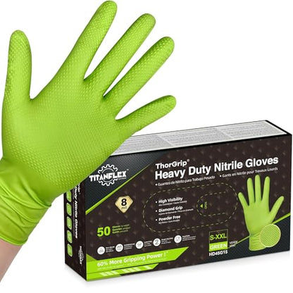 TitanFlex Heavy Duty Industrial Nitrile Gloves with Raised Diamond Texture, 8-mil, Latex Free (Green/Dark Green/Yellow) - color: 01 Green (50ct), size: Medium