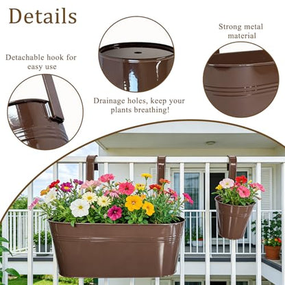 4 Pack Mixed Size Metal Fence Planters Set with Detachable Hooks, Chocolate - color: Chocolate, size: Oval*2 + Round*2