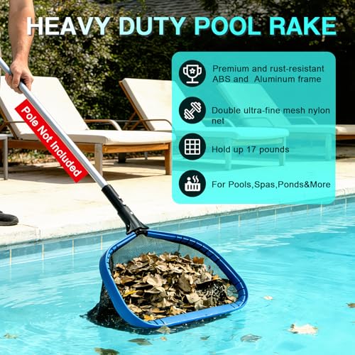 FEED GARDEN Pool Leaf Rake Pool Skimmer Nets for Cleaning with Double-Layer Deep Big Bag,17.5" L x 11" W Heavy Duty Aluminum Frame & Handle Rake(Pole Not Included) - size: 17.5" x 11" Pool Rake