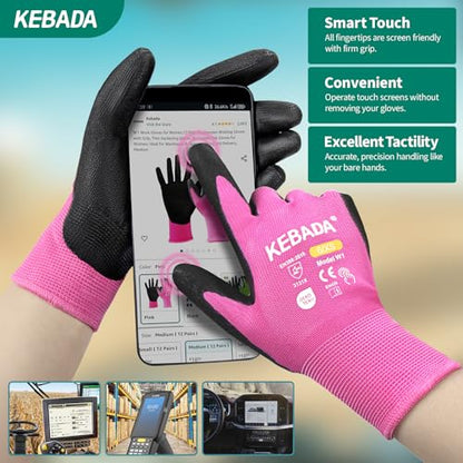 Kebada W1 Safety Work Gloves Women, Touchscreen, PU Coated, 12 Pairs, Pink - color: 12 Pairs-pink, size: Small