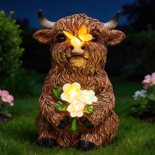 Solar Highland Cow Outdoor Statue, Garden Sculpture with Lighted Butterfly