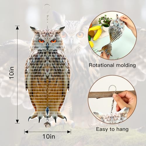 2-in-1 Metal Wind Spinners with Double Sided Owl Picture Bird Reflector for Window, Outdoor Patio, Garden, Farm (1, 12x5.6 in) - size: 12x5.6 in