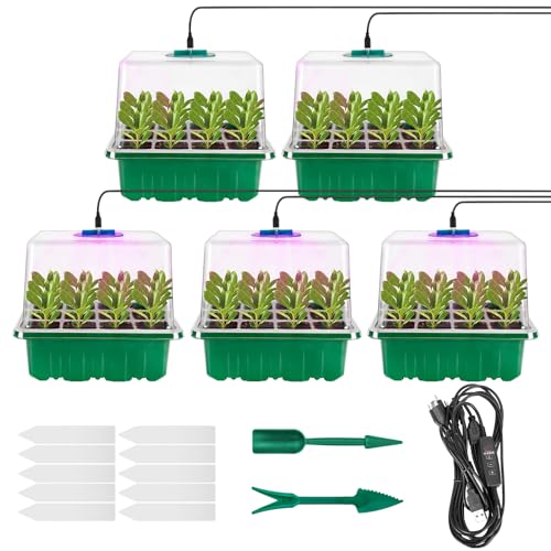 Seed Starter Tray with Grow Lights 5 PCS Kit Humidity Dome Adjustable Brightness Timer Controller 8 LED Seedling Trays with Tall Lid Mini Greenhouse for Staring Seedlings