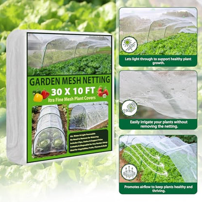 Garden Netting Kit 10×30 FT Ultra Fine Mesh Plant Protection Cover