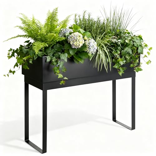 WORTH Raised Metal Planter Box with Legs, 28" Elevated Garden Bed for Indoor & Outdoor Use – Matte Black Galvanized Steel Planter with Inner Shelf, Drainage Hole & Plug for Vegetables, Flowers & Herbs - color: Matte Black, size: 28"× 11"× 28"