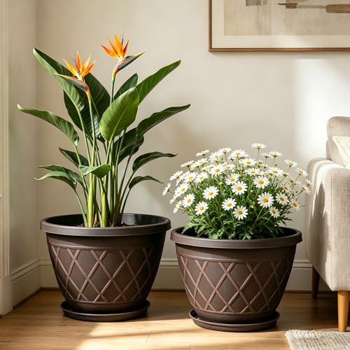 4 Pack 12 Inch Pots for Plants, Plastic Flower Pots with Faux-fence Texture - size: 12 Inch - 4Pack