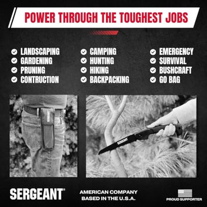 SERGEANT Folding Hand Saw with Pouch. Pruning hand saw. Best for Wood, Bone, PVC, Tree Pruning, Gardening, Camping, Hunting, Outdoors, Tool Box. Rugged 7" Steel Blade & Slip-Resistant Rubber Grip.