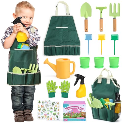 CUTE STONE Kids Gardening Tool Set, 20PCS Gardening Toys Includes Metal Rake,Fork,Trowel,Apron,Gloves,Watering Can,Tote Bag and Strickers, Garden Tool Kit for Kids, Outdoor Toys Gift for Boys Girls - color: Green