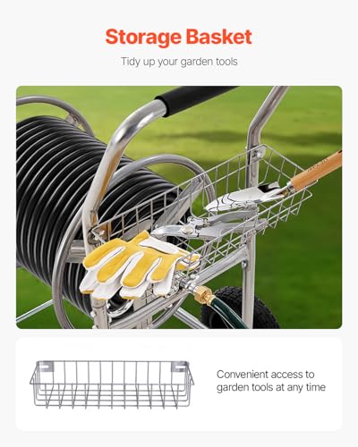 VEVOR Hose Reel Cart, Hold Up to 250 ft of 5/8’’ Hose, Garden Water Hose Carts Mobile Tools with 4 Wheels, Heavy Duty Powder-Coated Steel Outdoor Planting with Storage Basket, for Garden, Yard, Lawn - size: 250 ft
