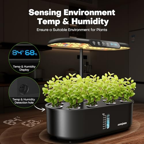 Ahopegarden Hydroponics Growing System: 12 Pods Temp ＆ Humidity Display - color: Glossy Black, size: 12 Pods