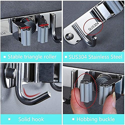 Broom Mop Holder Wall Mount Tool Hanger Organizer (4 Racks 5 Hooks)