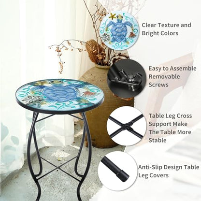 VCUTEKA Outdoor Side Table,14" Patio Accent Table Bistro Coffee End Table - color: Blue Transparent Turtle