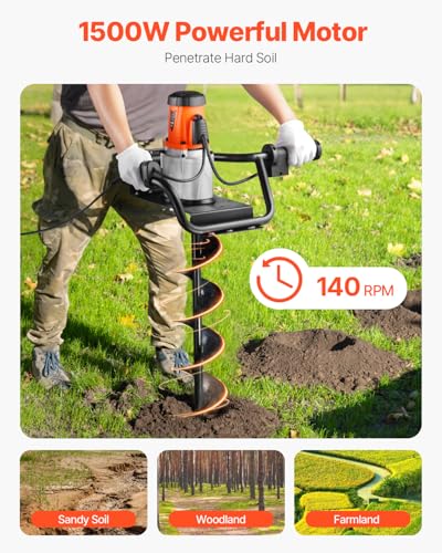 VEVOR Electric Post Hole Digger 1500W 140 RPM with 5.71 in Steel Auger Bit