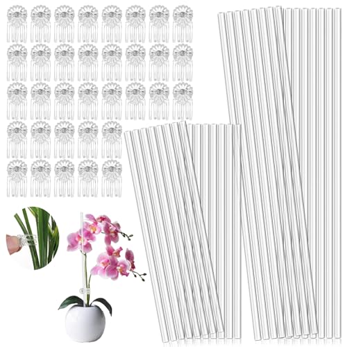 60 Pcs Clear Acrylic Plant Support Stakes with 60 Clips 15.8 & 11 Inch Reusable Plant Holder Stick Garden Stakes for Indoor Outdoor Potted Plants, Orchids, Tomatoes, Flowers