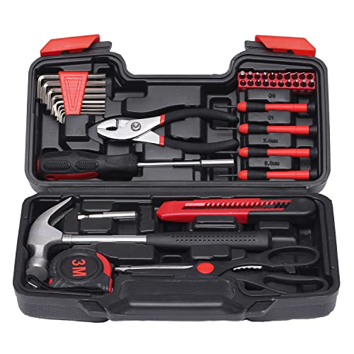 RVOGJP 39-Piece Household Tools Kit with Plastic Toolbox, Small Basic Home Tool Set for College Students & Household Use - color: Red