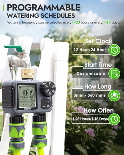 Insoma 2-Zone Sprinkler Timer with Brass Inlet, Water Hose Timer with Auto/Manual Modes + Rain Delay, Big LCD Display, for Garden, Yard Lawn, IPX5 Waterproof & Save Water - size: 2 Zone-V2.0