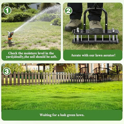 Lawn Aerator, 21 Metal Spikes, Auto Clean, Ergonomic for Yard Garden