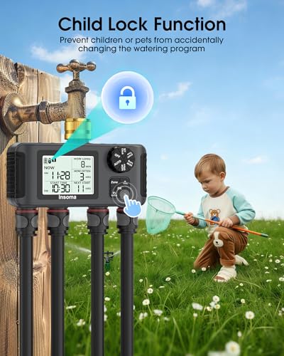 Insoma 4 Zones Sprinkler Timer with Brass Inlet & Outlet, Water Timer for Garden Hose with Auto/Manual/Rain Delay Mode, Hose Timers for Irrigation Watering System for Yard, Lawn, Plant Watering - size: 4 Outlets