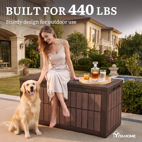 YITAHOME 134 Gallon Large Deck Box - color: Dark Brown & Wood-Grain Brown, size: 134 Gallon