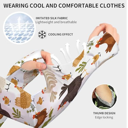 Gardening Sleeves for Women Men, Farm UV Sun Protection Cooling Arm Sleeves with Thumb Hole, Thorn Proof Anti-Scratch Arms Covers for Garden Sports Outdoors Boho Chicken