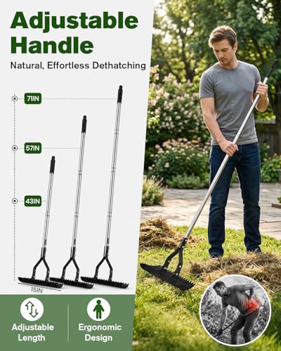 Saker Thatch Rake for Lawn Dethatching with 71" Adjustable Long Handle