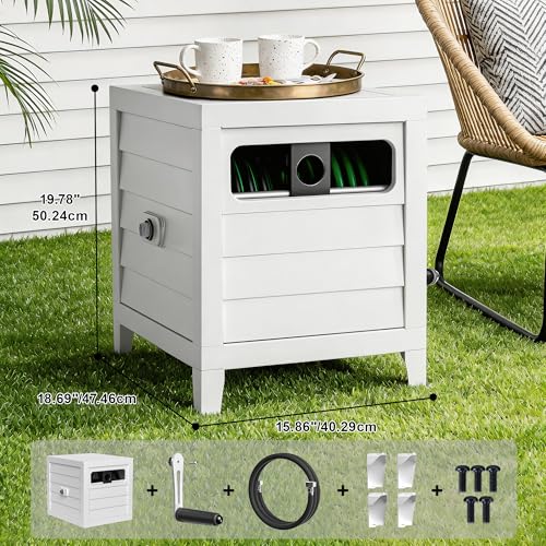 Metal Garden Hose Reel Box, Heavy Duty 150Ft 5/8" Large Capacity Hose Storage Deck Box with Hose Guide, 6Ft Leader Hose, Leak-Proof Aluminum Water Connection, Manual Crank Handle Easy Essemble (White)