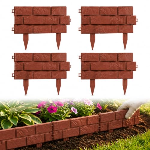 Interlocking Border Edging - Stone -Imitation Plastic Garden Fence, 4PC Landscape - for Garden, NO DIG,Lawn, and Landscape Edging,Flowerbeds, Yard, Sideway