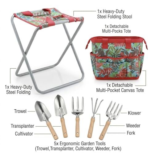 7-piece Garden Tool Set with Tote and Folding Stool Seat