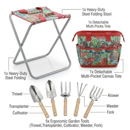 7-piece Garden Tool Set with Tote and Folding Stool Seat