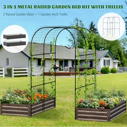 3 in 1 Galvanized Raised Garden Bed with 87" H Arch Trellis - color: Wood Grain, size: 71" Lx 35.4" Wx 12"H