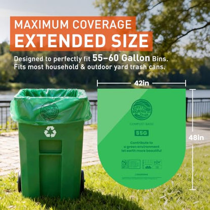 55-60 Gallon Compostable Trash Bags Liners, Heavy Duty Extra Thick 1.57 Mil, 208.2 Liter, 15 Bags, Lawn, Yard, and Restaurant Use, ASTM D6400, US BPI, OK Compost Home Certified - color: 55G-15count