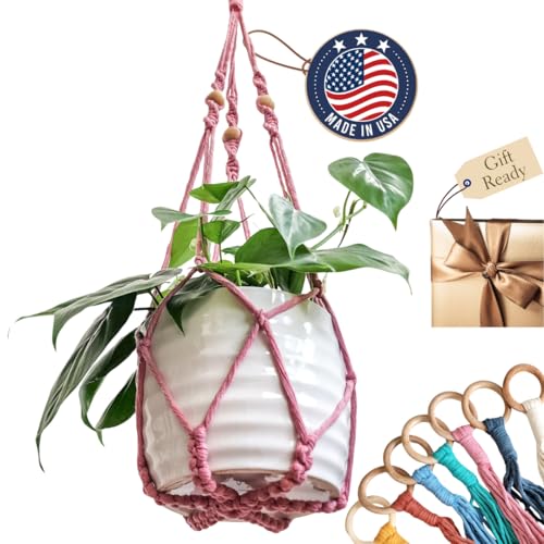 Macrame plant hanger 3ft beaded plant hanger for pots 4-8” for live plants indoor and outdoor decor hanging plant holder Boho décor Plant stand indoor Hanging planter for plant pots (Champagne Pink) - color: Champagne Pink