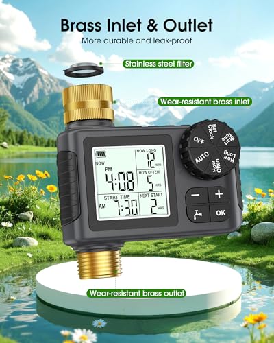 Water Timer for Garden Hose with Brass Inlet & Outlet, 1 Outlet Sprinkler Timer with Auto/Manual/Rain Delay Mode, Large LCD Display, Easy Programming Hose Timers for Lawn Garden Yard Vacation Watering - color: Gray