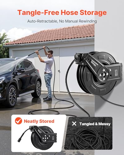 VEVOR Pressure Washer Hose Reel, 60 ft x 1/4 inch Retractable Power Heavy-Duty Steel Washer Hose Reel, 4000PSI Max, Auto-Rewinding, Flexible Wall/Floor Mounted for Car Washing,Garden,Floor Cleaning - size: 60 ft x 1/4 inch, 4000PSI