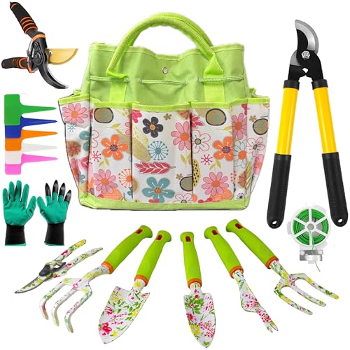 Gardening Tools – 42 Piece Premium Gardening Tool Set,Heavy Duty Hand Tools with Fashion Garden Tools Organizer Handbag,Rust-Proof Gardening Tool Kit, Ideal Gardening Gifts for Women(Pink Floral) - color: Pink Floral