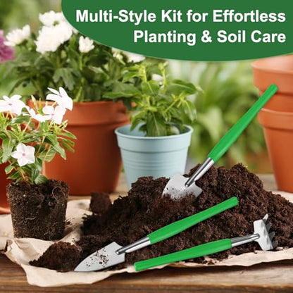 M METERXITY 2-Set Mini Gardening Tools, Stainless Steel Miniature Gardening Rake, Trowel, and Shovel for Seedlings/Bonsai/Succulents/Herbs/Terrariums and Planting [Pink/Green] - color: Pink/Green
