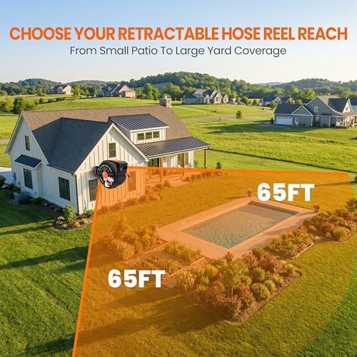 Retractable Garden Hose Reel, 1/2 in x 65 ft Wall Mounted Hose Reel - size: 65FT