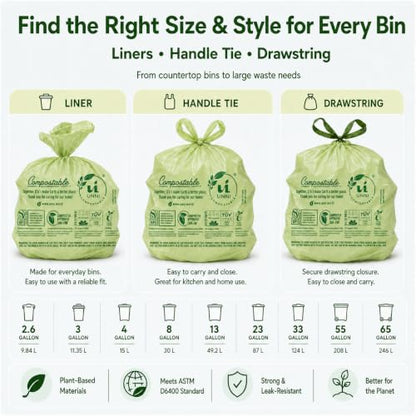 UNNI 2.6 Gallon Compostable Bags, 200 Count, 10 Liter, Extra Thick 0.71 Mil - size: 200 Count (Pack of 1), style: 2.6 Gallon