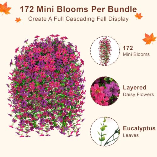 Artificial Hanging Flowers for Outdoors, 4 PCS 688-Bloom UV Resistant Mums - color: Fuchsia Lightpurple