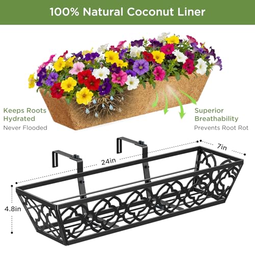 Y&M Deck Railing Planter Boxes, Adjustable Balcony Planter for Outdoor Plants, Metal Railing Planter Box for Deck, Fence and Porch, Window Boxes Outdoor, Sturdy Hanging Planter-24inch 2pcs - size: 2packs 24in-Flower